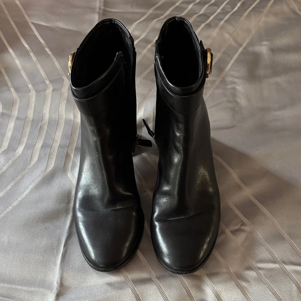 Tory Burch Sofia Dress Leather Black Leather Ankle Boots with Gold Accents - Picture 7 of 10